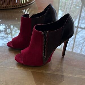 Elie Tahari Burgundy and Black Suede Peep-Toe Ankle Booties